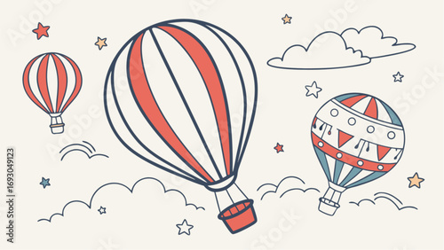 A whimsical hand-drawn illustration of colorful hot air balloons floating among clouds and stars in a vintage doodle style.