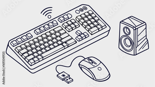 Isometric line art of computer peripherals including a wireless keyboard wired mouse and speaker.