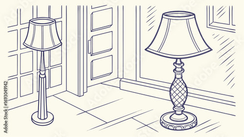 Two Lamps: Floor Lamp and Table Lamp in a Room Line Art.