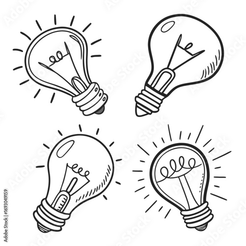 Hand-drawn cartoon light bulbs glowing with creative idea and energy.