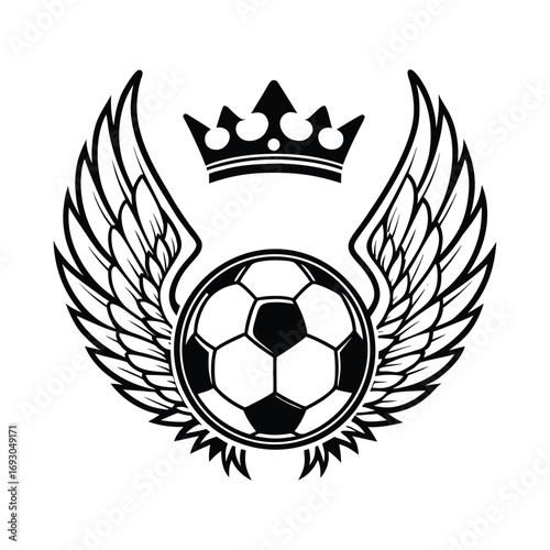 Stylized black and white illustration of a soccer ball with majestic wings and a regal crown symbolizing victory and championship in the sport