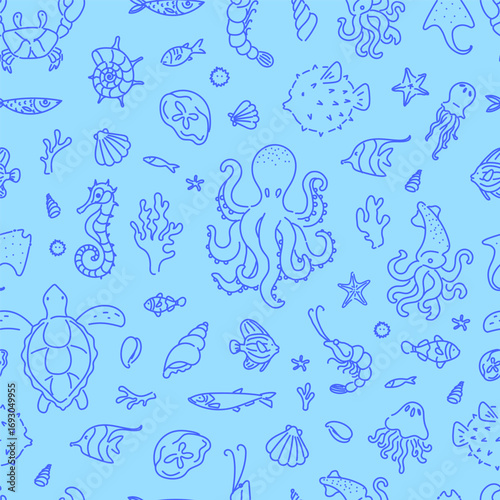 Seamless pattern with hand drawn marine animals including octopus, turtle, seahorse, jellyfish, squid, and fish on blue background.