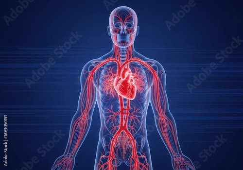 3d render of the human circulatory system with a prominent heart and blood vessels against a blue background