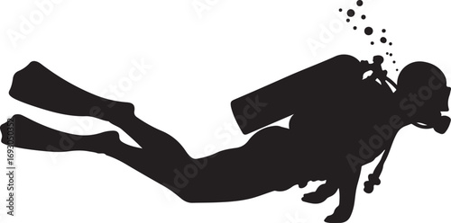 Silhouette Of A Scuba Diver Swimming Underwater With Bubbles diving person