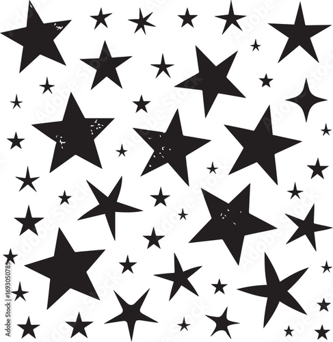 A whimsical collection of hand drawn black stars of various sizes scattered across a white background