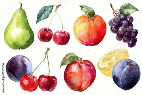 Charming Watercolor Fruit Collection: Hand-Illustrated Apples, Pears, Cherries, Grapes, and Plums in Vibrant Artwork