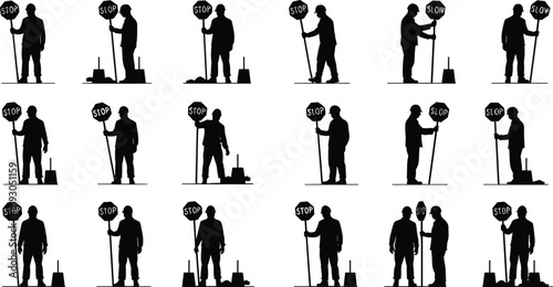 Construction workers holding stop signs, road safety control, traffic management, silhouette design, urban work zone, highway flagger, street repair safety, illustration.
