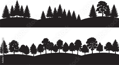 Black Silhouette Border Of Pine And Deciduous Trees On Hills forest nature