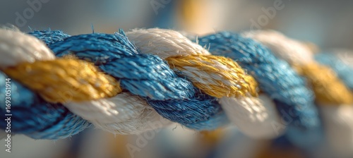 Close-up of a twisted rope with blue, white, and yellow strands