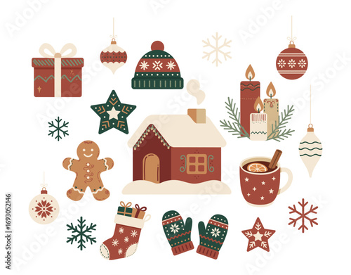 Scandinavian Christmas clipart set with hygge holiday elements – gingerbread, candles, mittens, hat, house, gifts, ornaments in cozy flat minimal style