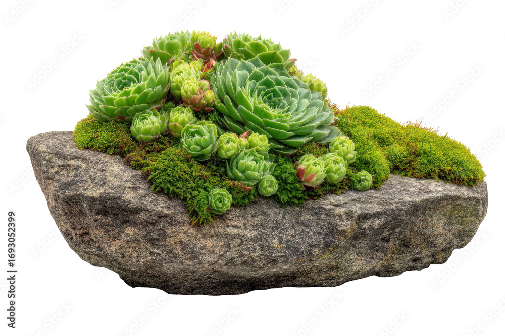 Obraz premium Green succulent sempervivum plants growing on a natural stone.