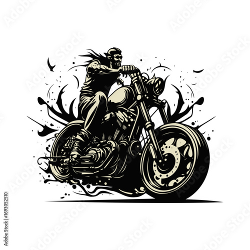 Bold rider cruises on a powerful motorcycle, conveying freedom and adventure, perfect for edgy designs, apparel or rebellious marketing campaigns