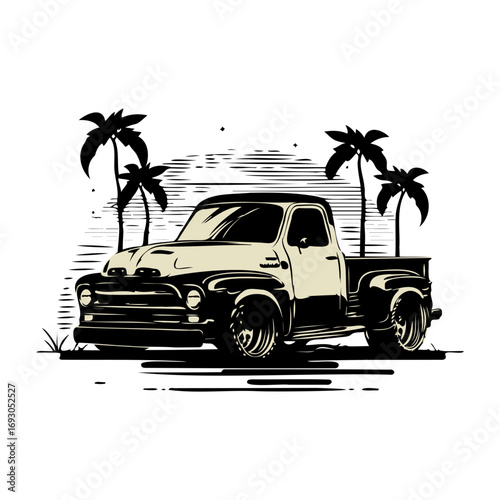 Vintage cool: Classic pickup truck with palm trees conjures sunny days and carefree adventures, perfect for retro themes and summer vibes