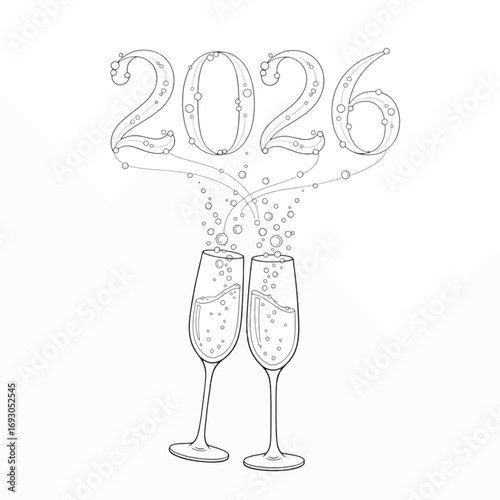 Champagne glasses bubbles forming number 2026 celebration design