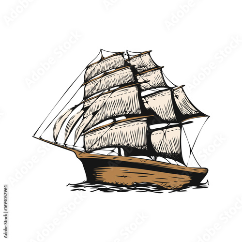 Sailing ship with full sails on a vintage seafaring adventure, evoking nautical history and maritime exploration with classic design elements