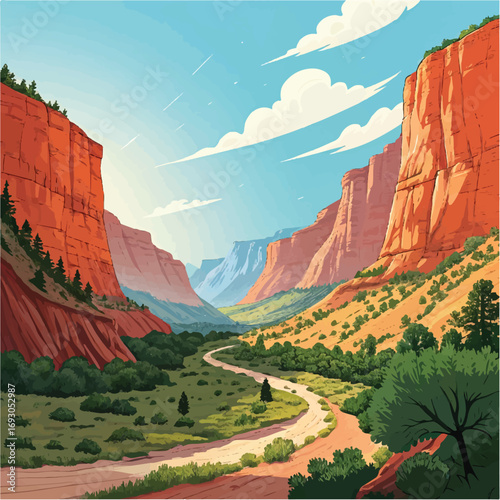 "Stunning Canyon Landscape with Winding River and Blue Sky – Vector Illustration"