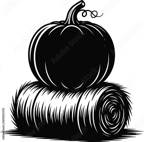 Autumnal Harvest Silhouette Vector Illustration A Black Pumpkin on a Hay Bale Depicting Fall's Bounty and Rural Charm, Perfect for Seasonal Designs and Graphics