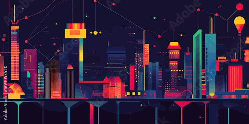 Futuristic smart city skyline with illuminated skyscrapers digital data network connections and night urban technology background in flat vector style