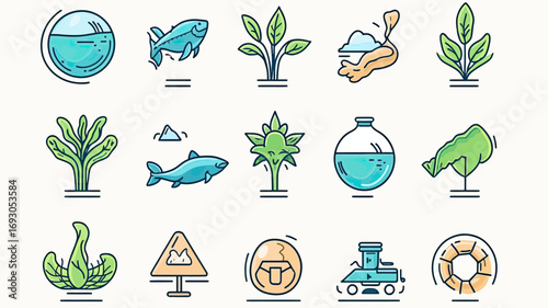 Flat minimalist vector ecology icons set featuring water, fish, plants, pollution symbols, recycling, environmental conservation, and eco-friendly signs for sustainability concepts