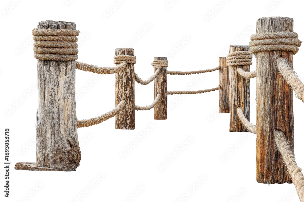 Obraz premium Rustic wooden log fence with thick rope railings isolated.