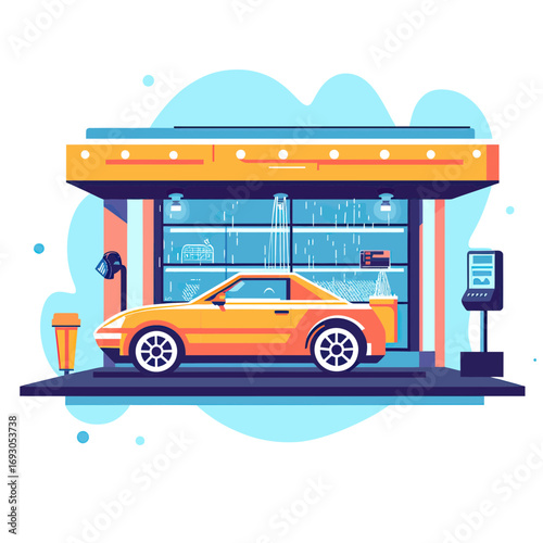 Orange sports car inside automated car wash station with water jets and sleek modern design in flat minimalist vector style illustration