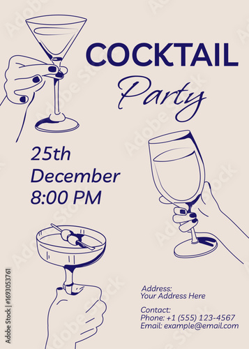 Vector illustration of a cocktail party poster with drawings of hands holding drinks. Minimalistic design of an invitation, flyer, or digital advertisement for social media. Copy space