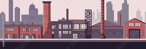 Industrial factory buildings with brick walls chimneys and metal structures flat minimalist cityscape background urban manufacturing plant exterior in silhouette style