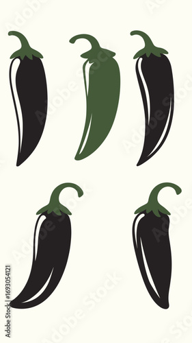 Set of five simple flat minimalist vector jalapeno pepper silhouettes with green stems isolated on white background representing spicy cuisine and chili vegetable icons