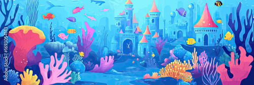 Underwater colorful coral reef landscape with fantasy castle, tropical fish, seaweed, and aquatic marine life in flat minimalist vector style