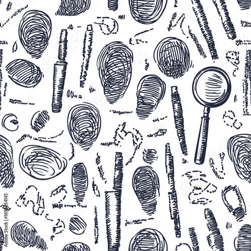 Hand drawn seamless detective pattern with fingerprint sketches, magnifying glass, footprints, and forensic investigation doodles in minimalist vector style background