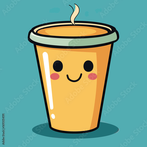 Cute smiling coffee cup with steam kawaii cartoon character on blue background flat vector illustration friendly beverage mascot design for branding and marketing