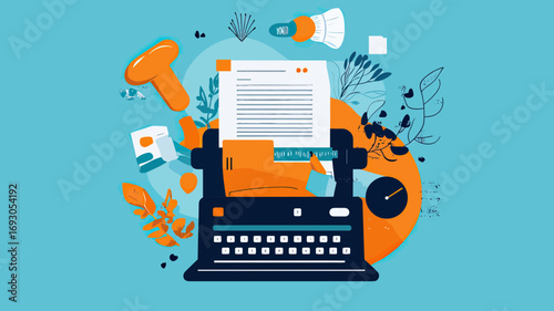 Retro typewriter with blank paper sheet surrounded by colorful floral and geometric abstract elements in flat minimalist vector style for writing and creativity concept illustration