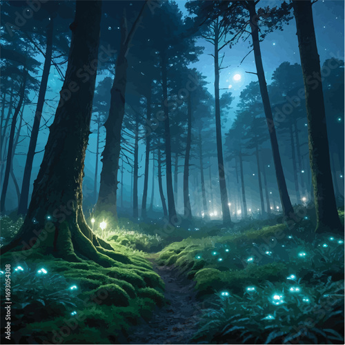 "Mystical Enchanted Forest at Night with Glowing Fireflies"