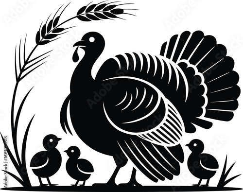 Detailed Turkey Family Silhouette Vector Illustration with Wheat Stalks on Transparent Background Depicting Farm Life and Autumnal Harvest in Black and White