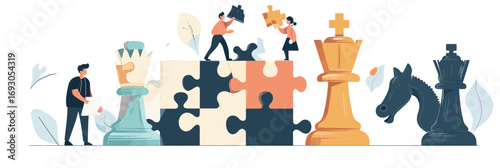 Business strategy teamwork illustration with diverse people assembling large puzzle pieces and giant chess figures symbolizing planning success and collaboration