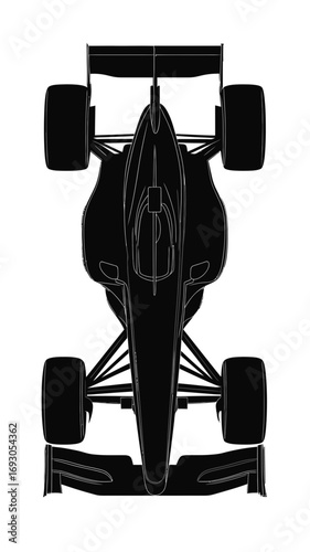 Top view black Formula 1 car vector illustration isolated on white background with minimalist flat design racing vehicle silhouette for motorsport concept