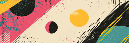 Abstract retro surreal vector illustration with colorful geometric shapes, halftone stipple texture, and dynamic grunge brush strokes for poster art or t-shirt design