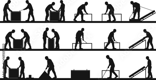 Construction workers moving heavy box, teamwork, lifting techniques, warehouse loading, industrial safety procedures, equipment handling, manual labor, silhouette illustration.