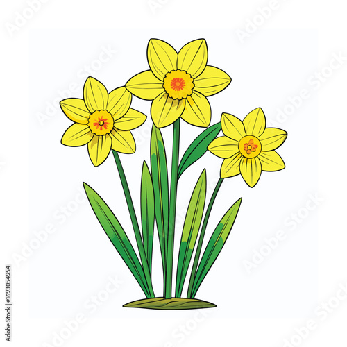 Vibrant yellow daffodils with lush green stalks in a springtime floral design