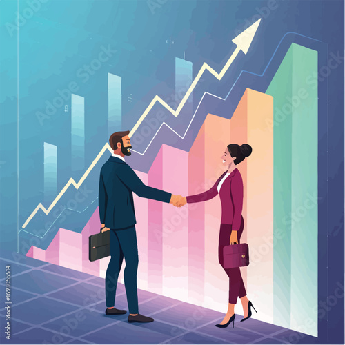 "Business Success and Partnership with Handshake and Growth Chart – Vector Illustration"