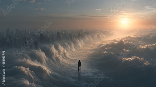 A lone figure stands on a street where the ground becomes sky, clouds flowing beneath their feet. Surreal and serene—perfect for emotional branding or visionary advertising with copy space.