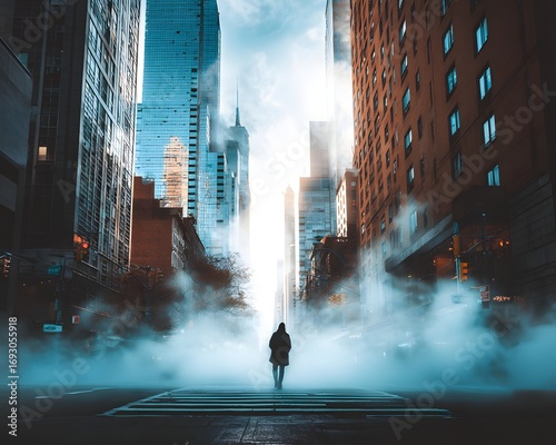 City Silhouette: A lone figure walks down a misty city street, with skyscrapers reaching towards the sky, creating an atmosphere of solitude and urban exploration. 