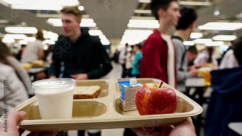 In a busy school cafeteria, a student carries a food tray with milk, bread, an apple, and a carton. The atmosphere is lively as students gather, eat, and socialize during lunchtime together.
