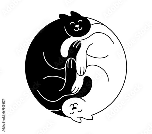 Charming yin yang cats embracing in a harmonious dance, representing balance and companionship with adorable faces and playful paws.