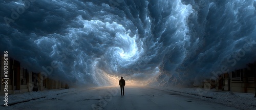 Dramatic Storm Surge: A solitary figure stands dwarfed amidst an apocalyptic storm surge, the sky swirling ominously above an empty street.