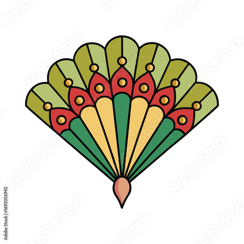Elegant decorative floral fan shape with vibrant color accents on white background