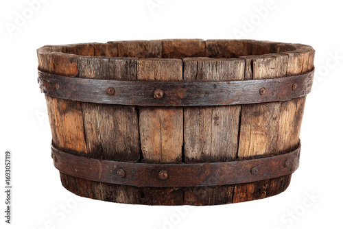 Old rustic wooden barrel with iron bands isolated on a white background.