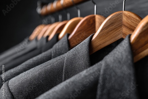 Dark gray jackets on wooden hangers