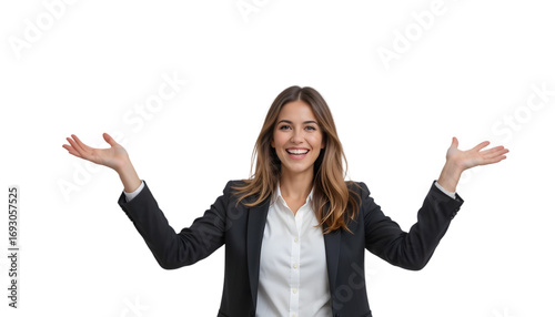 A smiling businesswoman with arms outstretched, isolated on transparent background, expressing openness and enthusiasm in a professional context