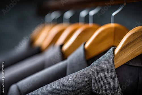 Row of dark gray suits hanging on wooden hangers
